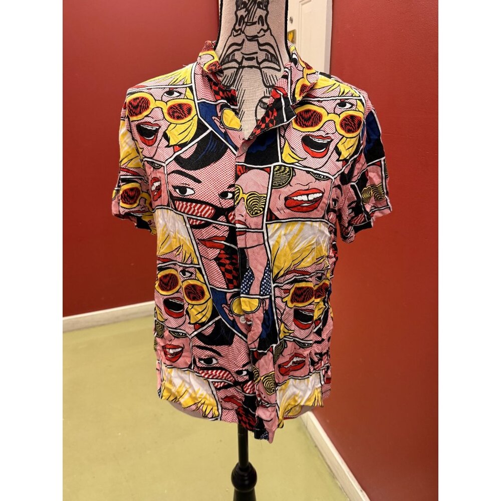 Vibrant Pop Art Comic Book Print Button-Up Rayon Men's S/S Shirt SM
